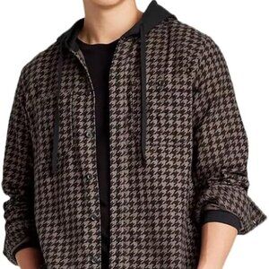 Original Use Men's Hooded Button-Down Shirt Long Sleeve Brown Size L